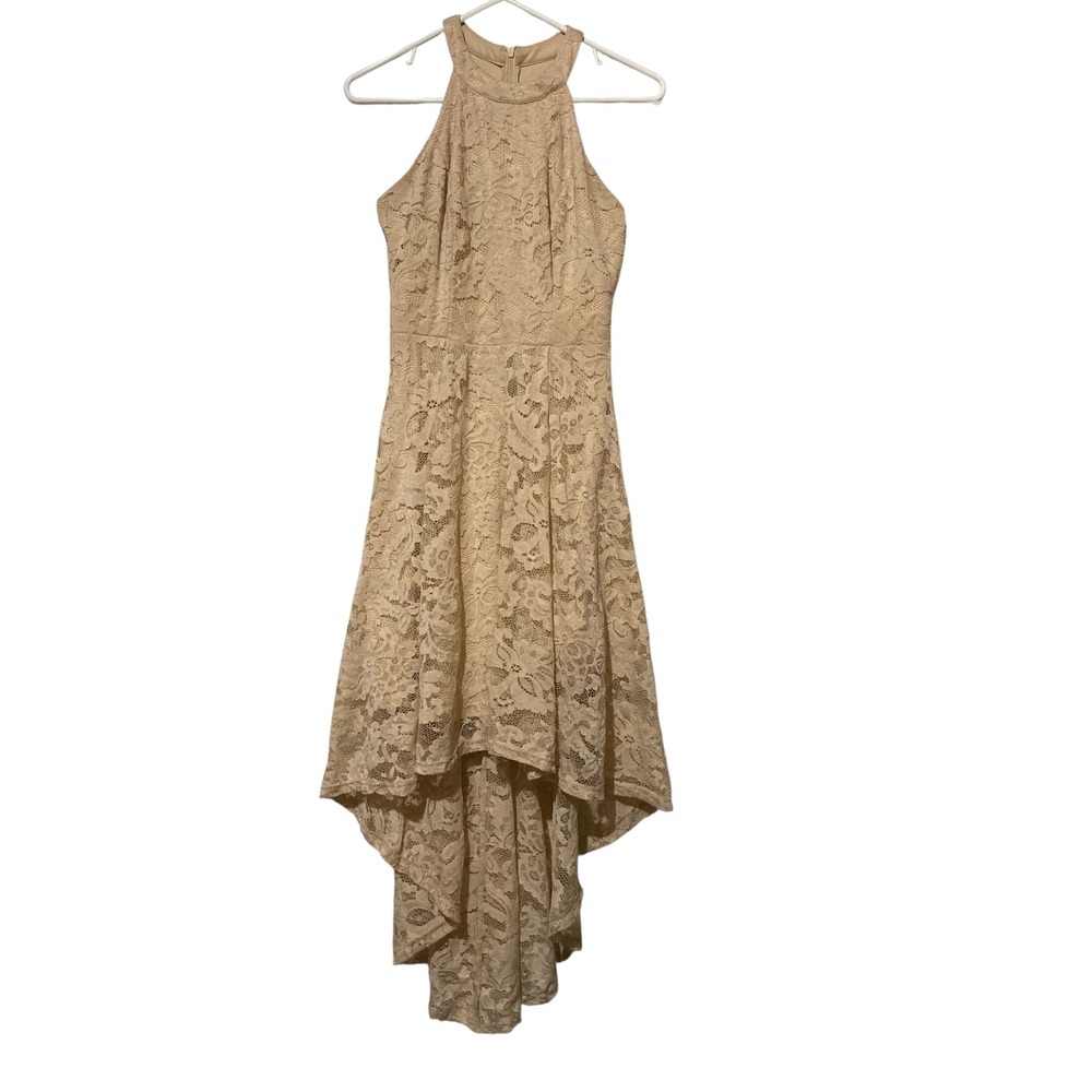 Dressystar Champagne Beige Y2K Lace‎ Halter High Low Cocktail Dress Small